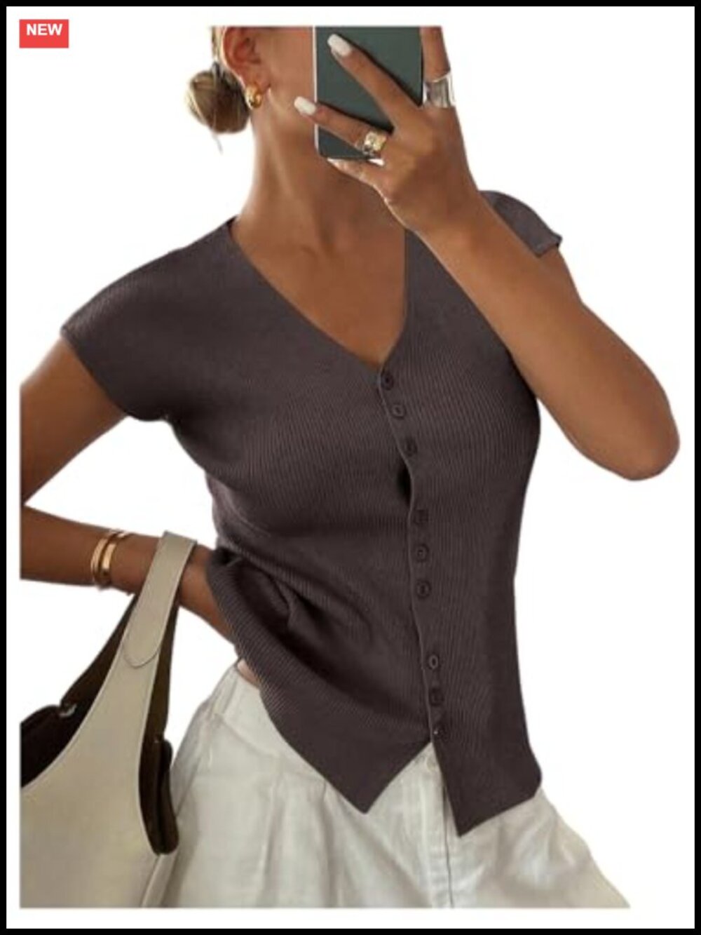 Womens Button Down V Neck Cap Sleeve Ribbed Knit Dressy Casual Top